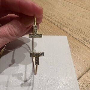 Gold T narrow wire bracelet bangle with faux diamonds